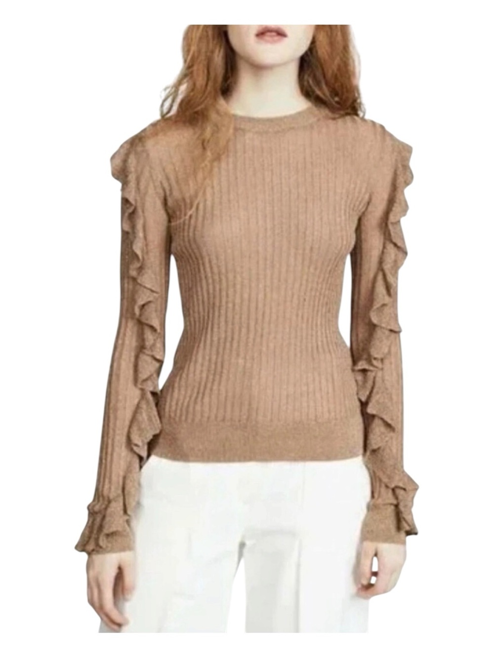 NWT Joie Beza Gold Shimmer Ruffle-Sleeve Ribbed Crewneck Sweater Sz S